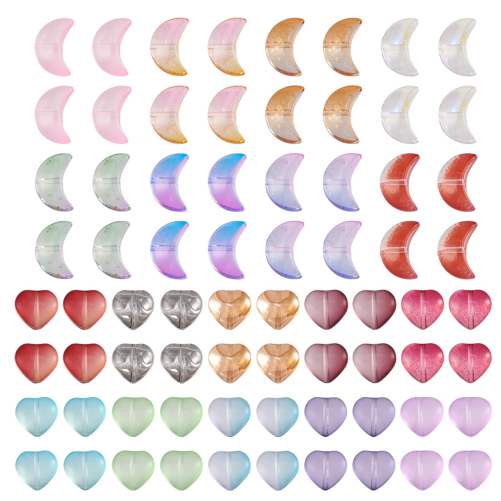 Crafans 180Pcs Heart & Crescent Glass Beads Transparent Moon Heart Shape Spacer Beads Electroplate Modular Bead Bulk for DIY Bracelet Necklace Jewelry Making