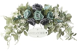 MISNODE Blue Artificial Rose Flower Swag, Wedding Arch Flowers Garland, 30 Inch Hanging Rose Lintel Wreath with Welcome Sign and Oncidium for Party Front Door Wall Home Decor