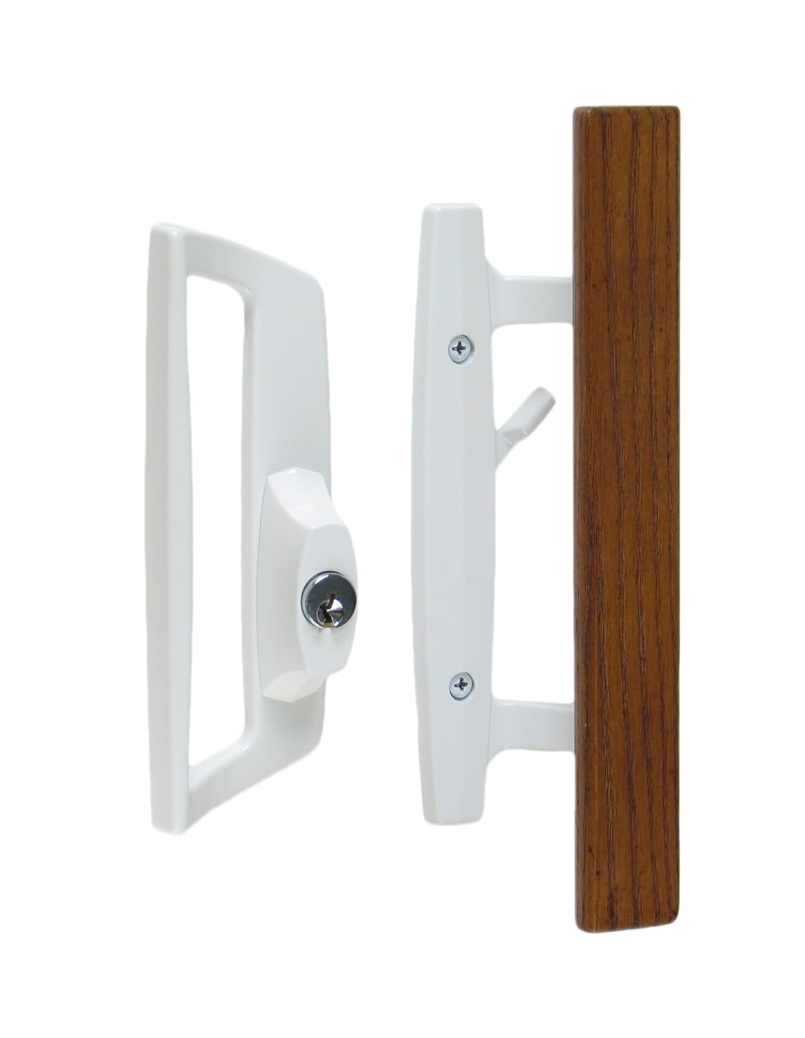Bali Nai Sliding Glass Door Handle Set with Oak Wood Pull in White Finish, Includes Key Cylinder, Standard 3-15/16” CTC Screw Holes, 1-1/2" Door Thickness- For LEFT HAND Doors