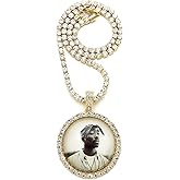 BLINGFACTORY Iced Hip Hop Gold PT 2Pac Picture Frame Pendant & 18" 1 Row Bling Rhinestone Chain Fashion Necklace