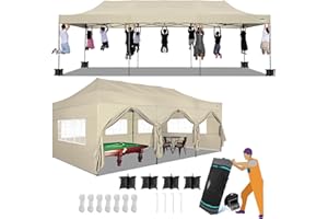 COBIZI 10x30 Heavy Duty Pop up Canopy with 8 sidewalls Stable Wedding Outdoor Tents for Parties Canopy Pop Up Party Tent UPF 50+ Waterproof Commercial Gazebo with Roller Bag, Khaki(Windproof Upgraded)
