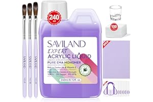 Saviland 8OZ EMA Acrylic Liquid Monomer: Pure EMA Odorless Liquid Monomer Professional Nail Monomer Liquid Kit for Acrylic Powder with Acrylic Brush Dappen Dish Nail Table Mat Nail Tech Salon