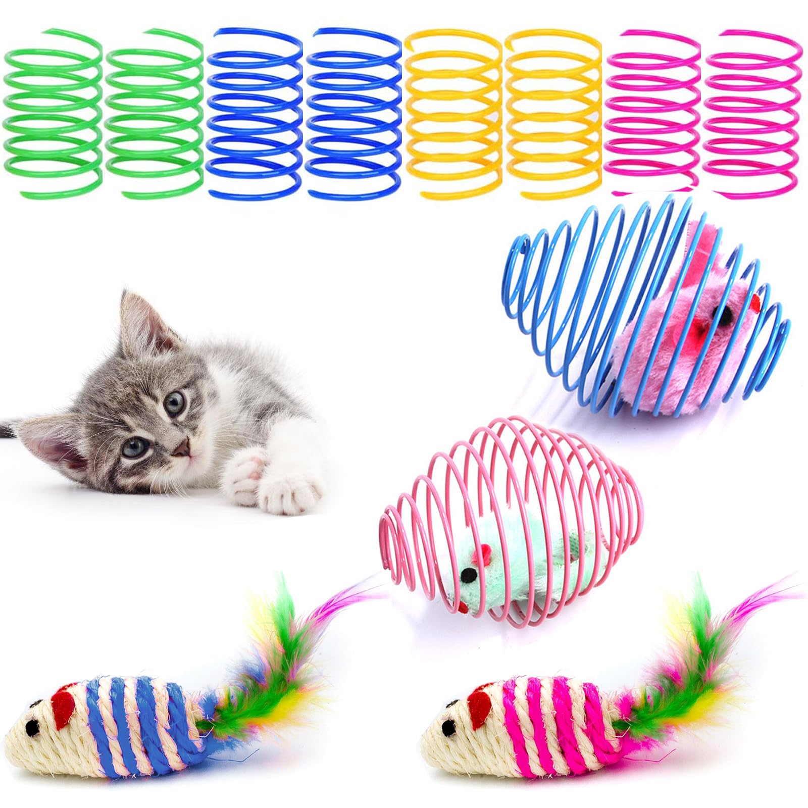 sukevitor 12Pcs Cat Spring Toys, Colorful Spring Cat Toy, Cats Springs Interactive Cats Toys, Springs Kitten Toy for Swatting, Biting, Hunting, Active Healthy Play and Bouncing Play Training