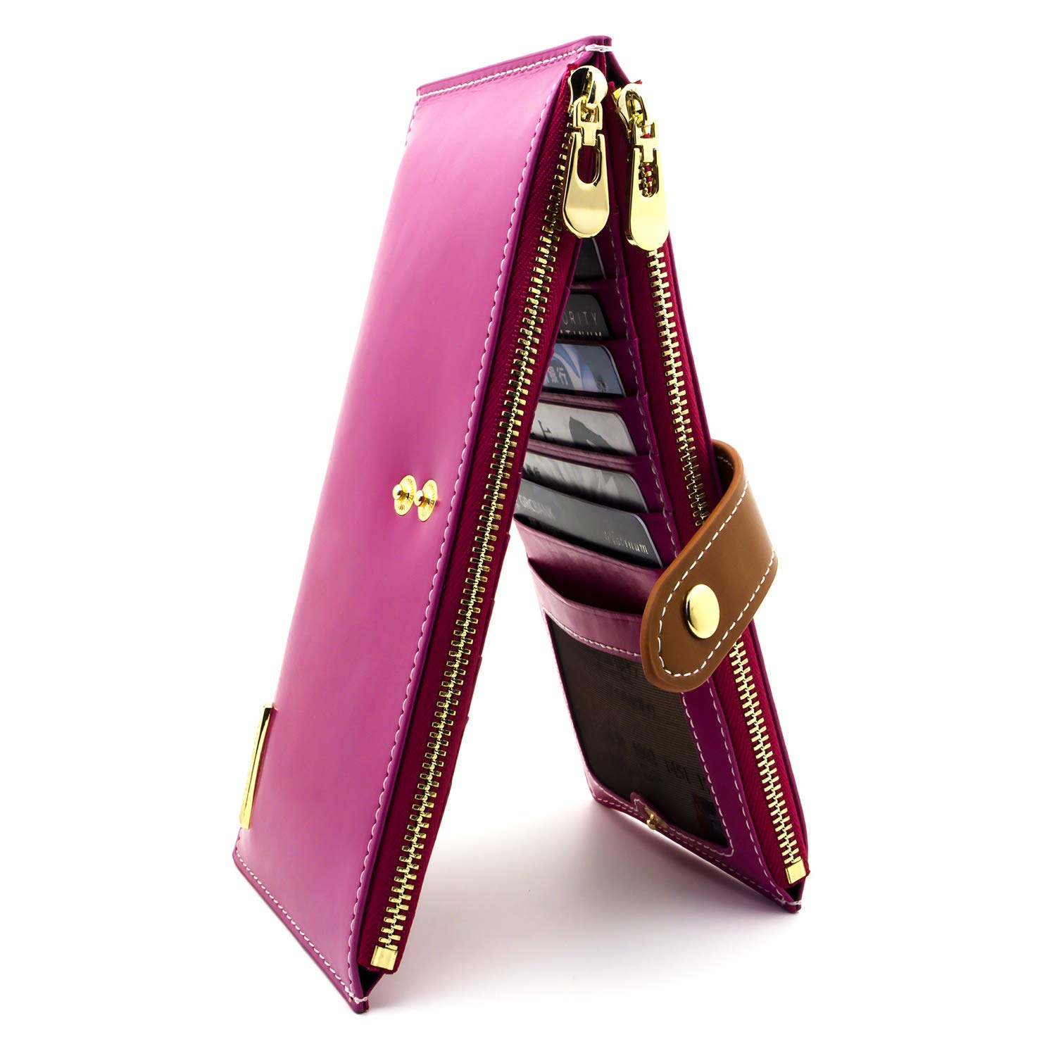 ANDOILT Women's Genuine Leather Wallet RFID Blocking Credit Card Holder Zipper Purse Cell Phone Handbag Rose Red