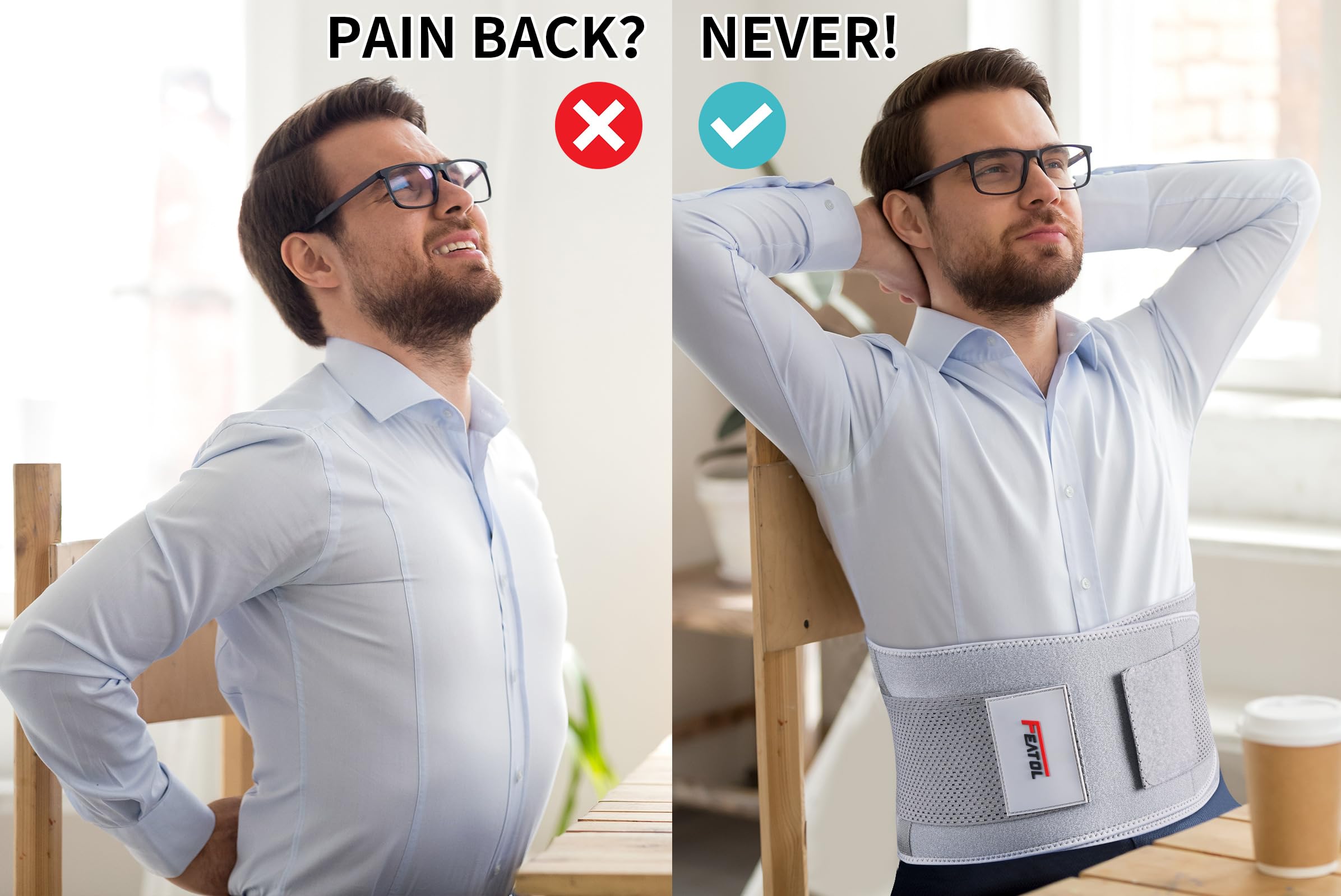 FEATOL Back Brace Support Belt-Lumbar Support Back Brace for Back Pain, Sciatica, Scoliosis, Herniated Disc Adjustable Support Straps with Removable Lumbar Pad for Men & Women (Grey, Small/Medium (Pack of 1))