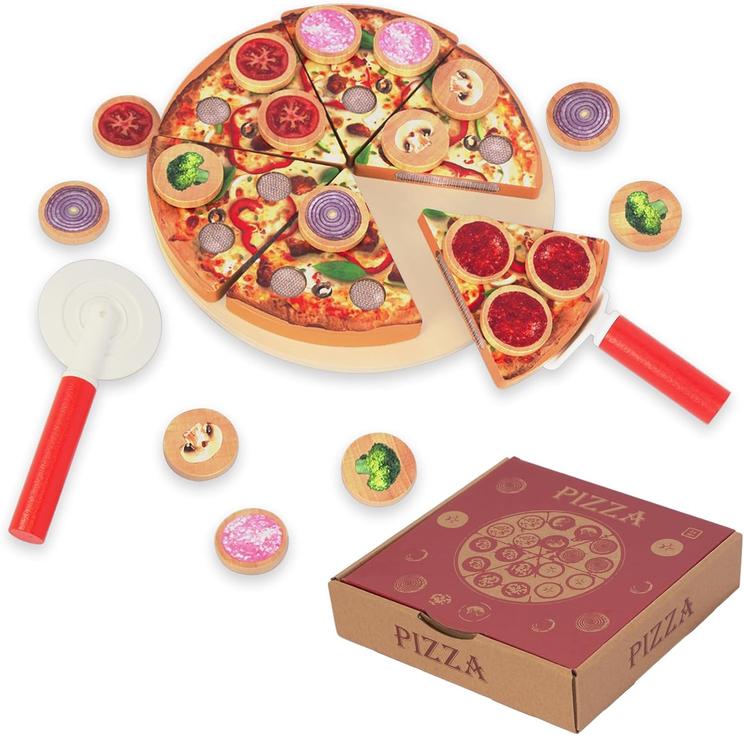 WOODENFUN Cutting Play Food Toy for Kids Kitchen,Wooden Pizza Set Pretend Play Kitchen Accessories,Learning Toy Birthday Gifts for Boys Girls Toddlers (6 pcs set)