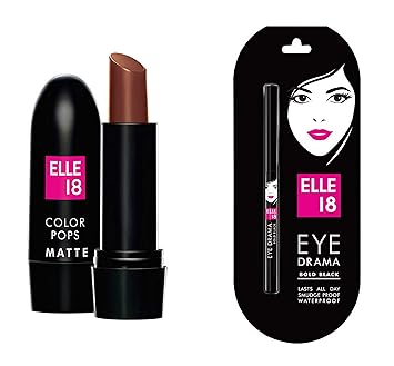 Elle 18 Combo of Color Pop Matte Lip Color, Belgian Brown, 4.3 g and Eye Drama Kajal, Bold Black, 0.35 g