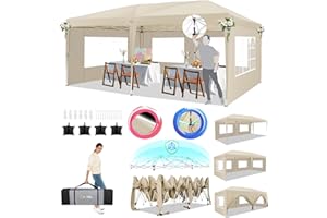 HOTEEL 10x20 Pop Up Canopy Tents for Parties with 6 Sidewalls & 8 Wind-Resistant Rods & Carry Bag, Outdoor Tent Easy Setup for Wedding, Patio Events, Commercial, Waterproof and UV50+ Protection,Khaki