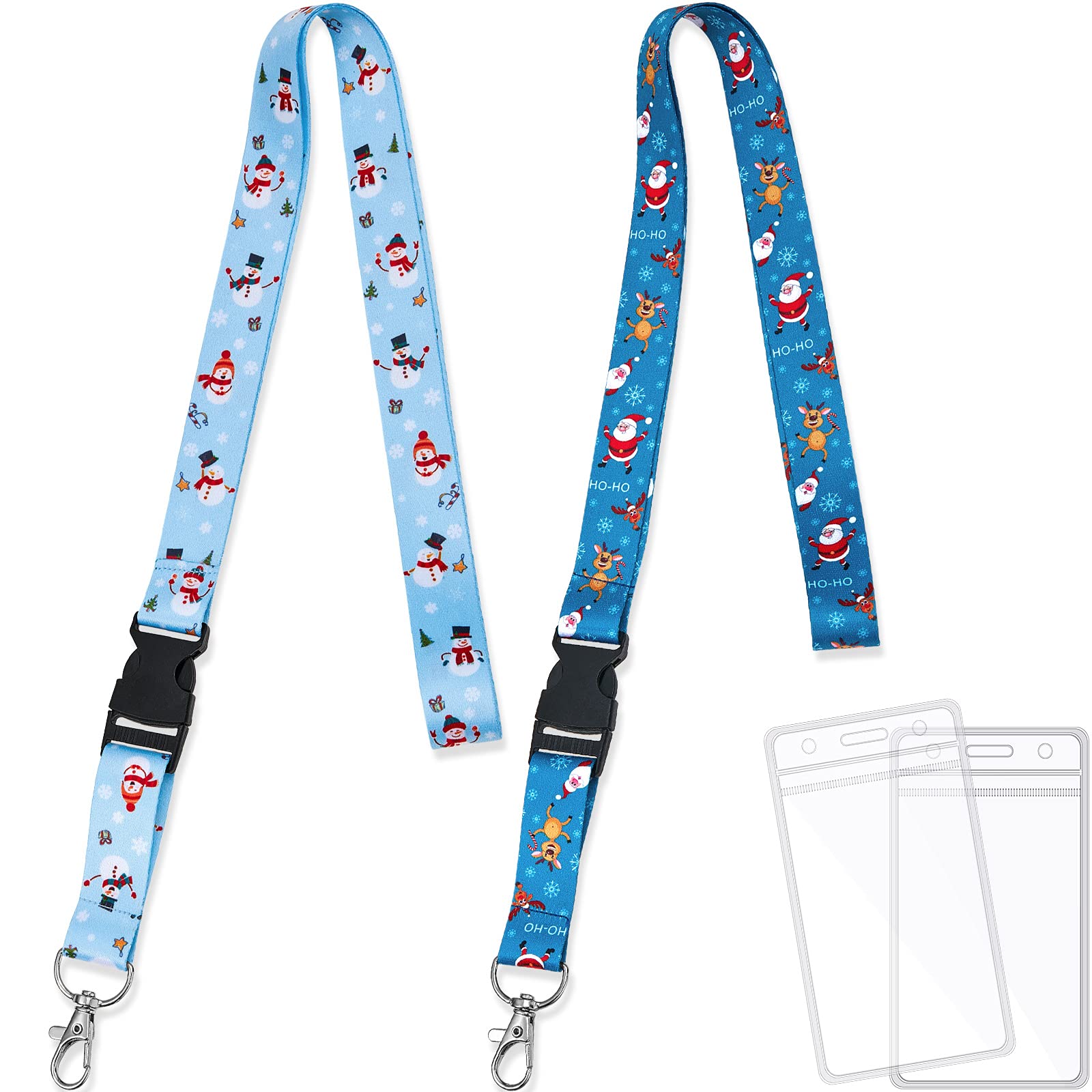 Nezyo 2 Sets Christmas Lanyard with Cardholder Novelty Lanyard Key Chain ID Badge Holder Snowman Santa Claus Elk Pattern Neck Straps with Detachable Buckle Clip for Students Kids(Snowman,Multicolored)