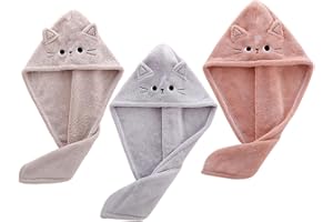 GETAJGHSD Cute Cat Cartoon Hair Towel Wrap Set of 3pcs Coral Fleece Quick Dry Thick Hair Drying Caps for Women