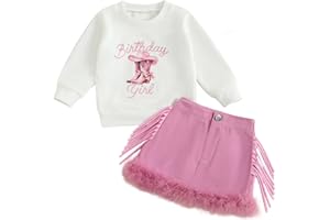 Kayotuas Western Toddler Girl Clothes Birthday Girl Outfit Cowgirl Boots Sweatshirt Tops Tassel Feather Trim Mini Skirt Set