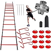 YEXEXINM Professional Agility Ladder Speed Training Equipment Set-20ft Agility Ladder,12 Soccer Cones, 4 Agility Hurdles, Running Parachute, Suitable for Soccer Football Basketball Training