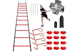 YEXEXINM Professional Agility Ladder Speed Training Equipment Set-20ft Agility Ladder,12 Soccer Cones, 4 Agility Hurdles, Running Parachute, Suitable for Soccer Football Basketball Training