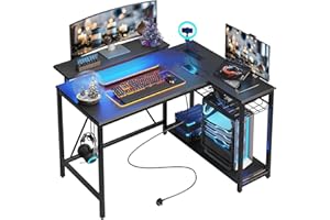 Bestier Gaming Desk with Power Outlets, 42" L-Shaped Computer Desk with LED Lights, Desk with Reversible Storage Shelves & Hooks for Small Spaces, Bedrooms & Offices, Black Carbon Fiber