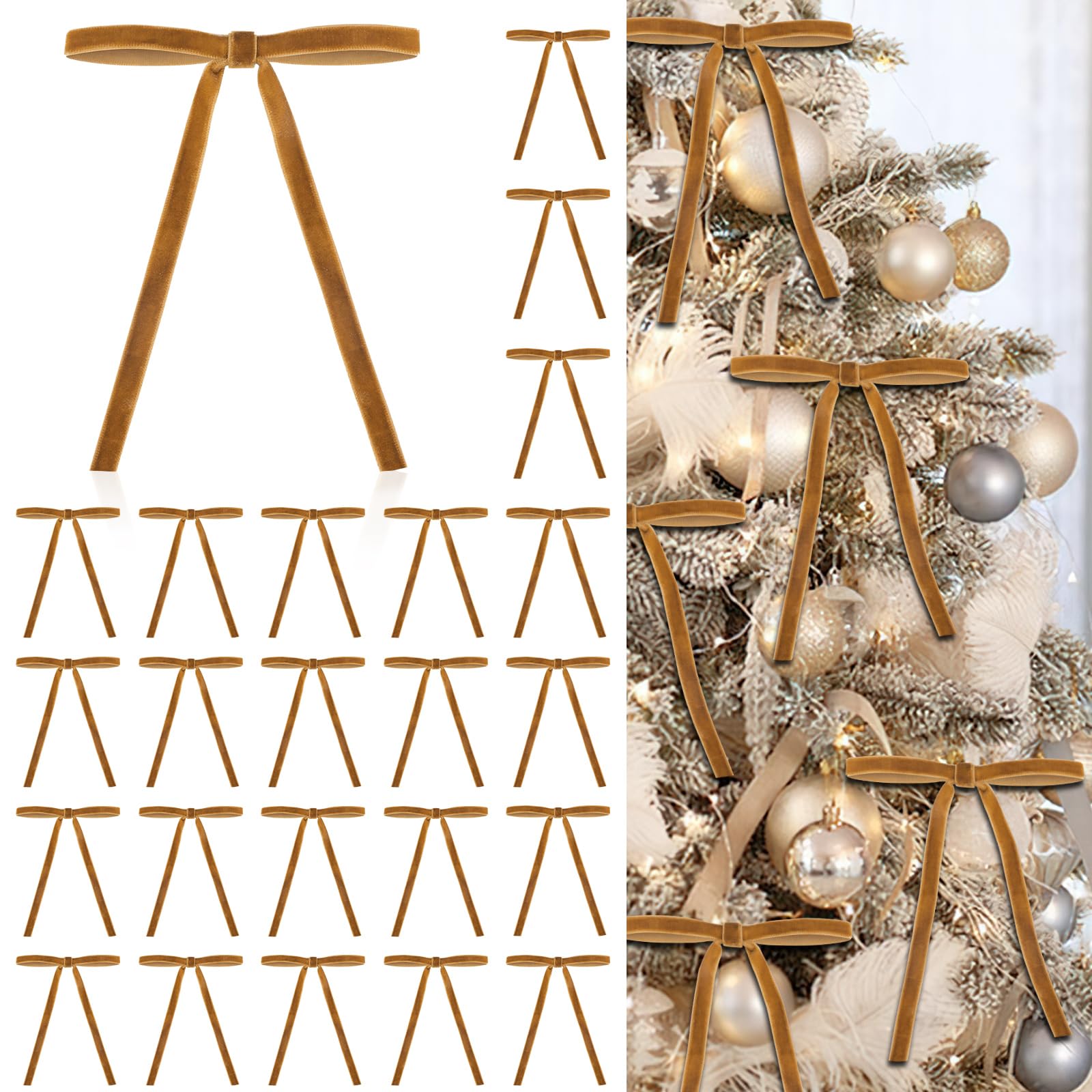 View 1 of 24 Pcs Velvet Bows for Christmas Tree, Elegant Khaki Christmas Tree Bows, 5”x7” Pre-Tied Velvet Ornaments for Wreaths Garland Gifts Holiday Décor, Khaki Ribbon Bows for Xmas(3/8”)