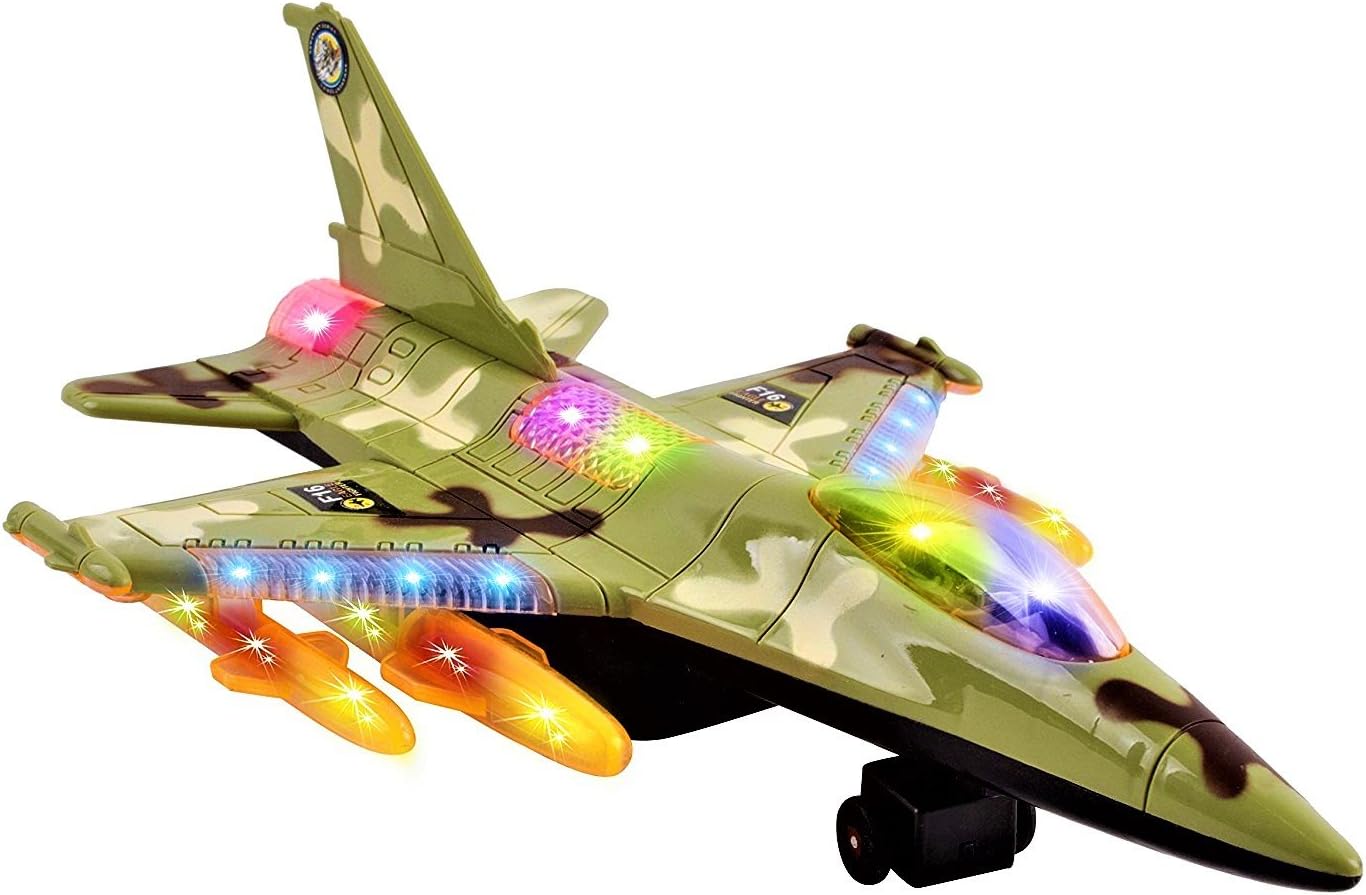 Voko USA Toy Army Air Fighter F16 Jet Battery Operated Kid's Bump and Go Toy Plane w/ Flashing Lights, Sounds, Bumps Into Something and Will Change Direction (Green)
