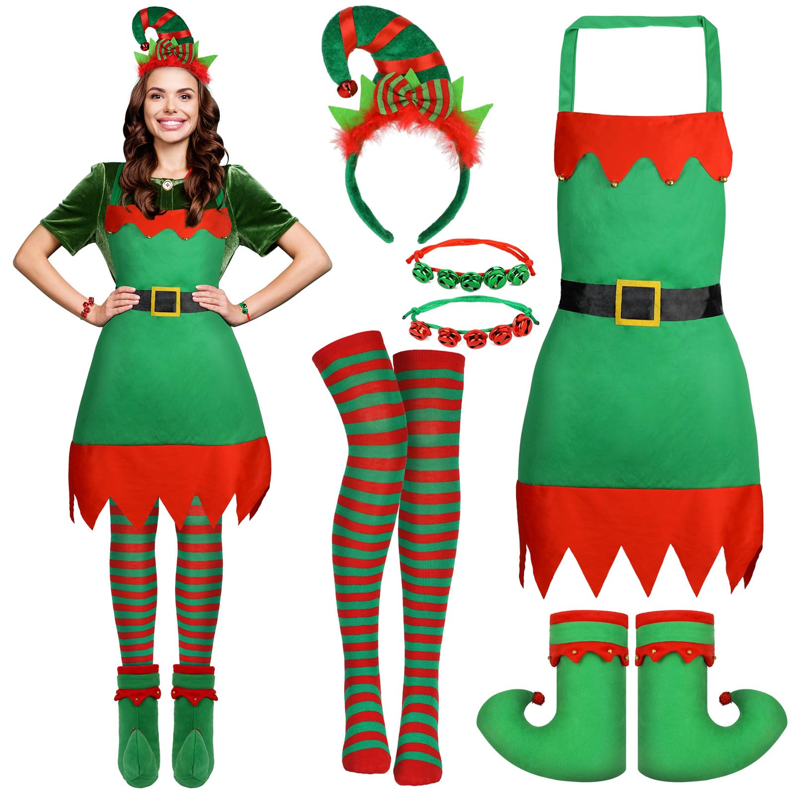 Beipegin Elf Costume for Women Elf Apron Christmas Headband Elf Shoes and Covers Socks Christmas Aprons Christmas Costumes Elf Accessories Women Xmas Party Role Play