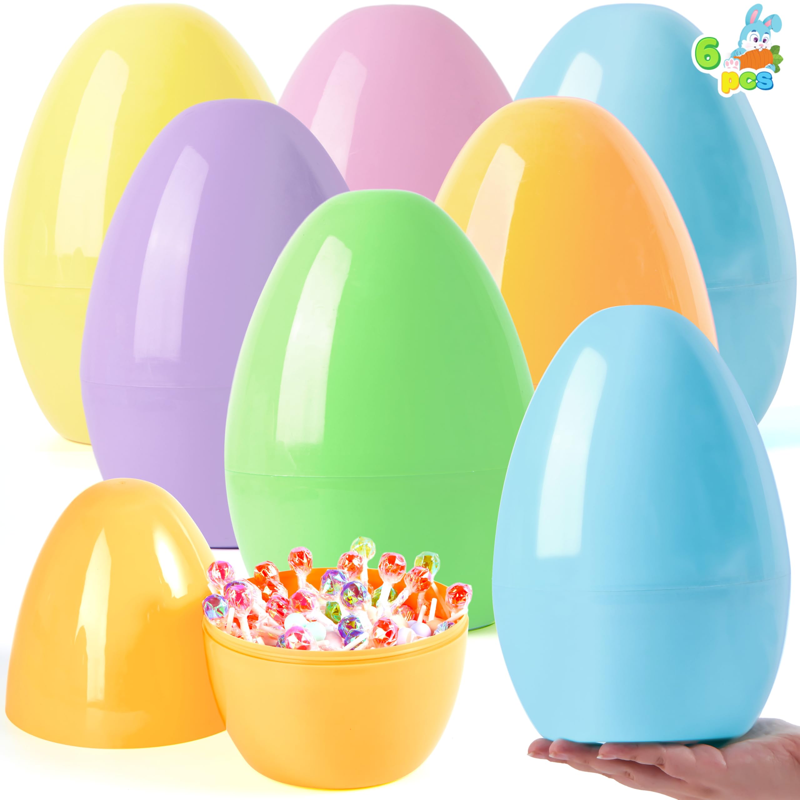 JOYIN 10" Jumbo Easter Eggs, 6PCS Pastel Plastic Giant Eggs Empty Fillable for Easter Filling Treats Party Favor Hunt Classroom Prize Supplies Decoration