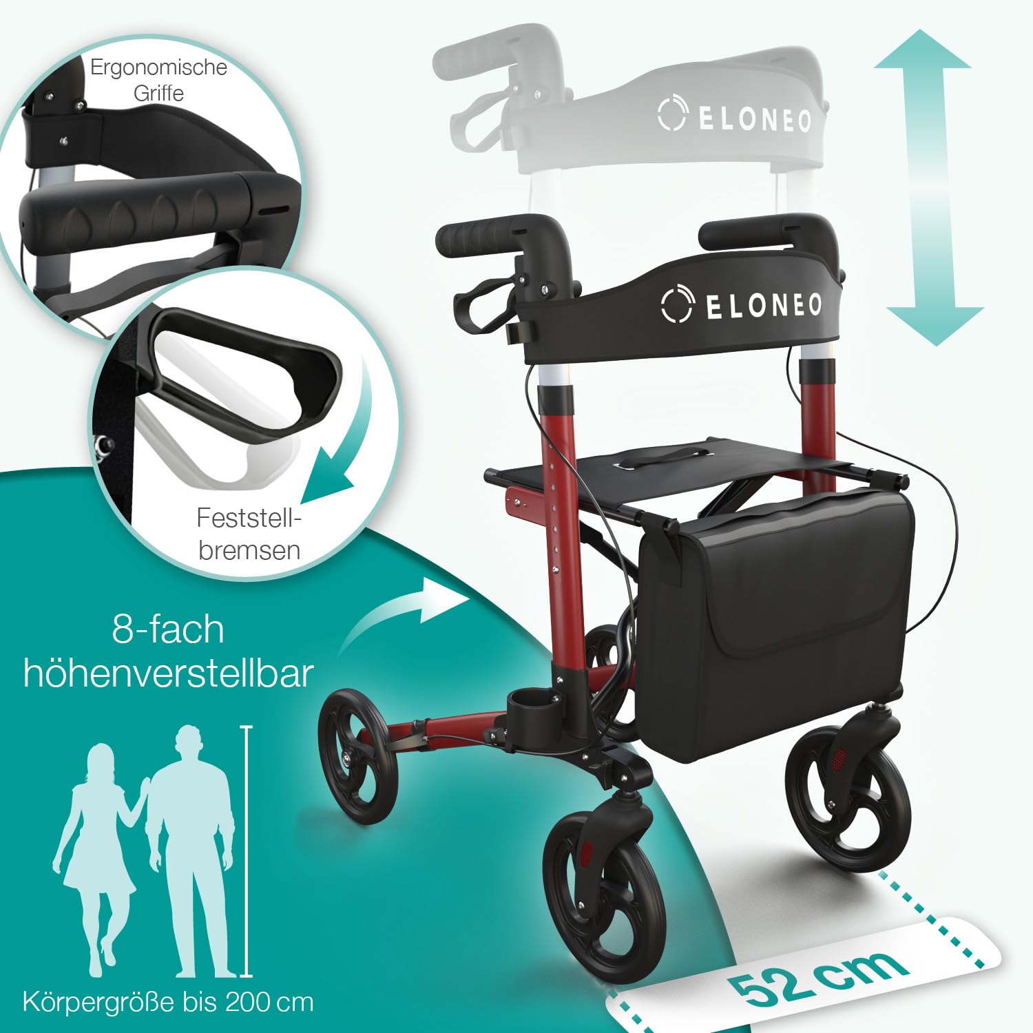 ELONEO Rollator faltbar und leicht mit Sitz, Leichtgewicht-Reiserollator aus Aluminium, Gehhilfe 8-fach höhenverstellbar, Laufhilfe 3-fach faltbar für Kofferraum, Tasche & Schirmhalter Rot 3