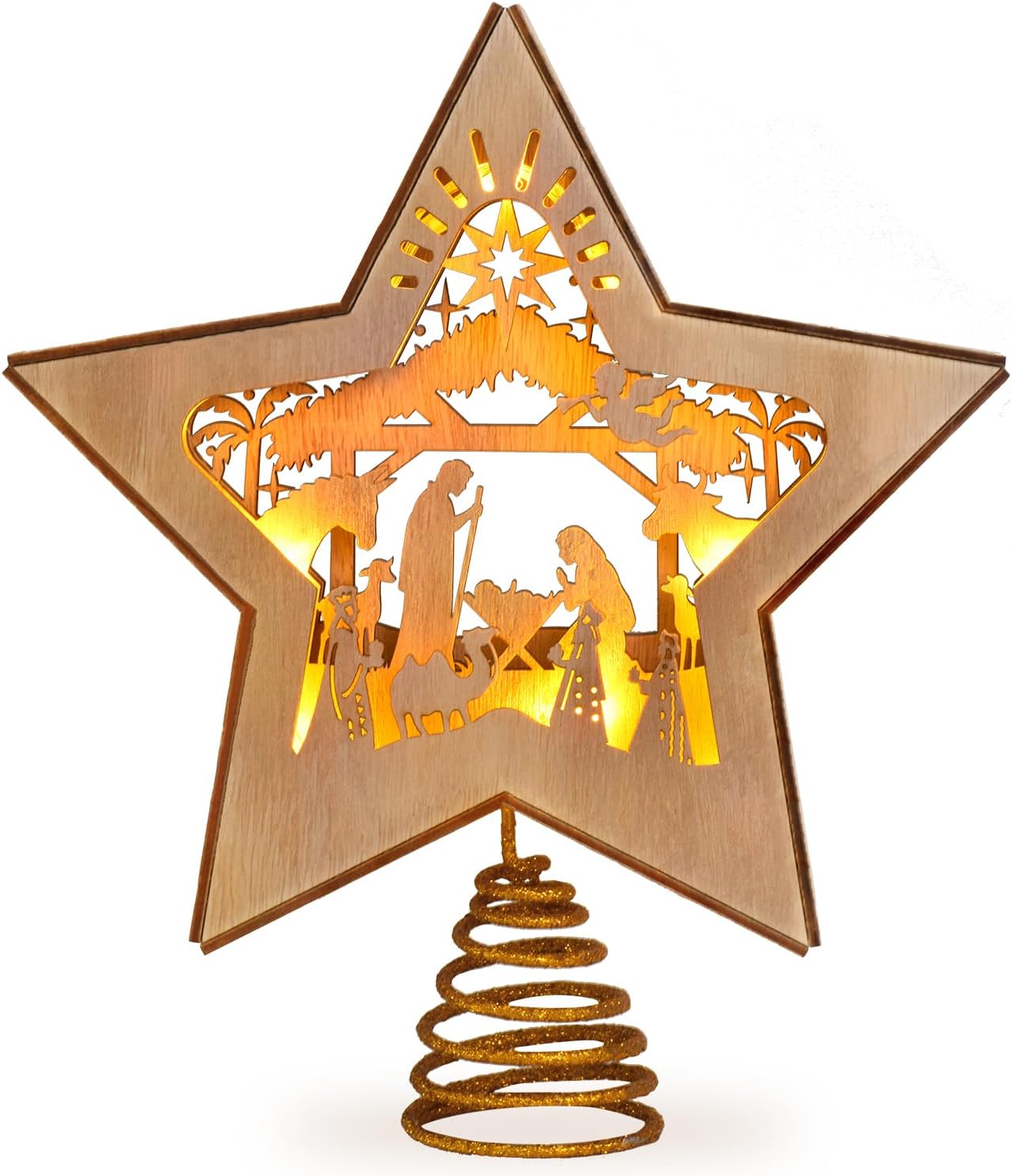 Tree Toppers - GHOSTMAGIC Nativity Christmas Tree Star Topper Lighted, 3D Wooden Nativity Scene Star for Christmas Tree, Nativity Set Christmas Tree Decorations, LED Xmas Decor Ornaments for Indoor (Nativity)