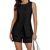 luvamia Linen Sets for Women 2 Piece Outfits Summer Shorts Button Down Vest Dressy Causal Vacation Comfy Matching Set