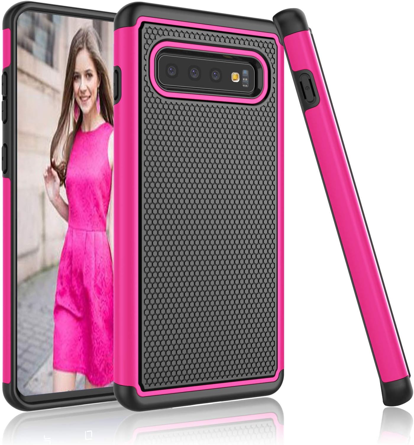 Njjex Case Compatible with Samsung Galaxy S10 Plus, [Nveins] Hybrid Dual Layers Hard Plastic Back + Soft Silicone Rubber Armor Defender Shockproof Slim Phone Case Cover for Galaxy S10 Plus [Rose Red]