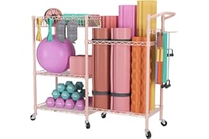 SINGAYE Dumbbell Rack, Balls Workout Equipment Storage Organizer Yoga Mat with Hooks basketball holder weight and Wheels for Organizing Workout Room, Home Gym Storage Black