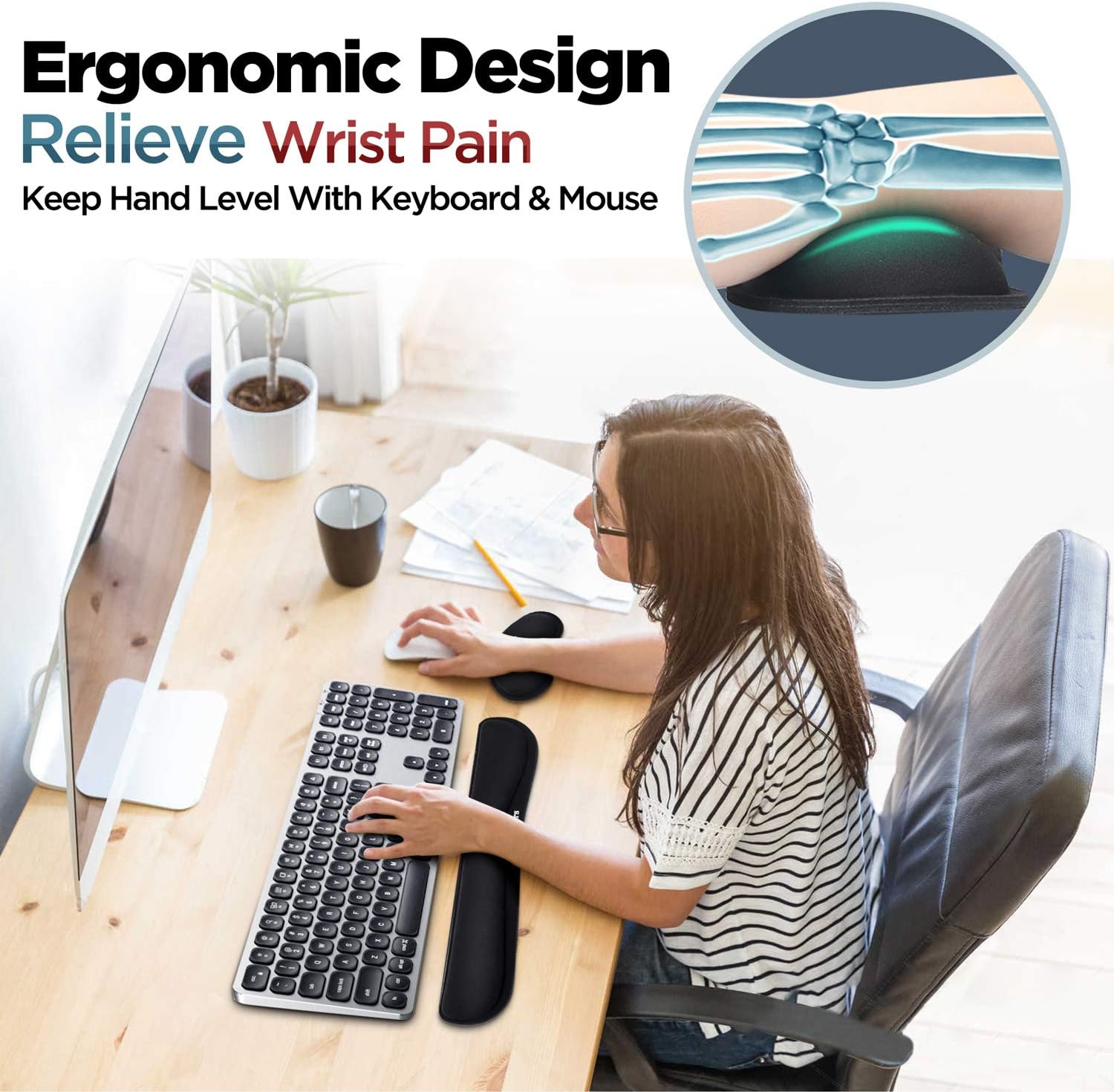 Gimars Upgrade Enlarge Gel Memory Foam Set Keyboard Wrist Rest Pad, Mouse Wrist Cushion Support for Office, Computer, Laptop, Mac, Comfortable, Lightweight for Easy Typing Pain Relief, Black : Office Products