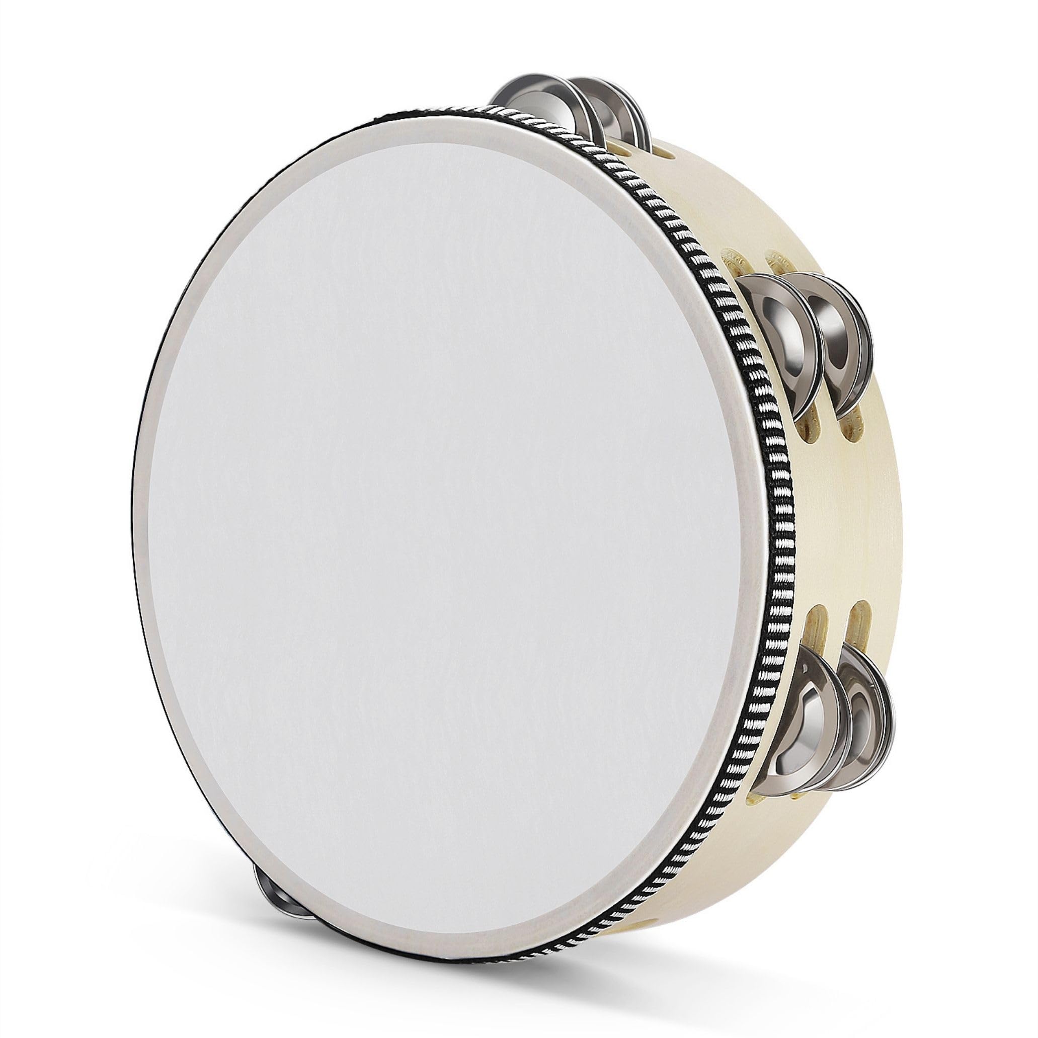 Flexzion Wooden Round Tambourine for Kids and Adults 8" Inch Single Row 8 Pair Jingles, Wood Handheld Percussion Instrument for Beginner and Professional Tambourine Player