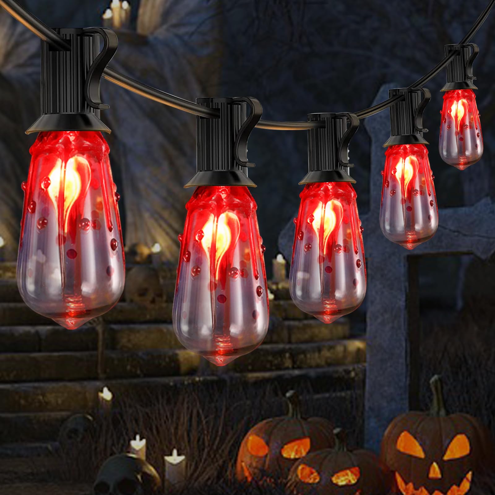 Photo 1 of 10FT Halloween String Lights Outdoor with 11 ST40 Flame Bulbs (1 Spare), Plug in Halloween Flaming Blood Drop Light Strings UL Listed for Patio, Backyard Party Decoration, E17 Base