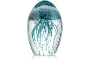 Sanbege Hand Blown Glass Jellyfish Figurine, Glow in The Dark Paperweight, Collectible Sea Creature Statue Decor for Home, Office, Party Decoration and Gift (Turquoise)