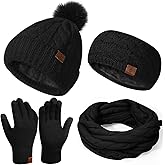 Womens Beanie Hat Infinity Scarf Touchscreen Gloves Fleece Headband 4 in 1 Winter Clothes Set Gifts for Women