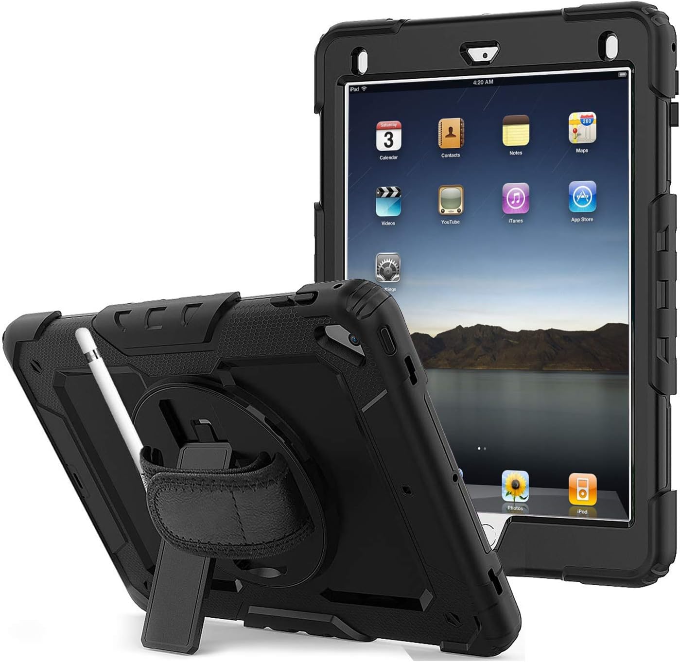 Mayoga Case for iPad 9.7'' 2017/2018, iPad Pro/Air/Air2 Protective Case Built-In Pen Tray, Rugged Protective Case with Built-in Screen Protector, Rotating Hand Strap, Kickstand, Shoulder Strap Black