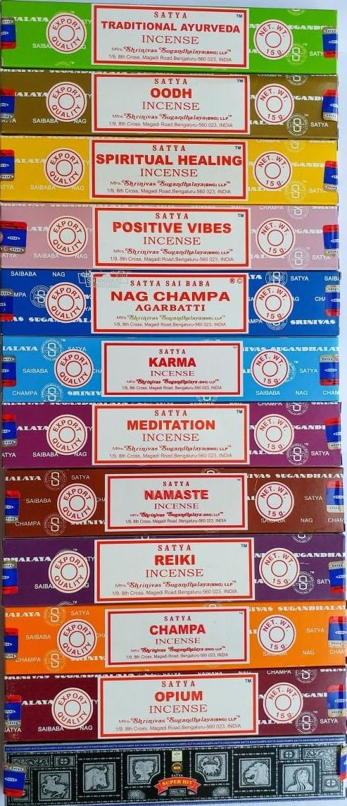 Satya Incense Set 12 x 15gram Includes: Nag, Super Hit, Oodh, Positive Vibes, Namaste, Champa, Opium, Reiki - Image 3