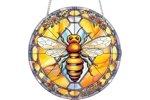 ZZHAOYI 11.8'' Bumble Bee Acrylic Window Hangings, Honeycomb Bee Wall Decor Stained Acrylic Art Panel Decoration Gift for Home Office Housewarming (Bumblebee)