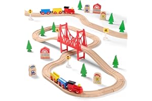 SainSmart Jr. Wooden Train Set for Toddler - 37 Pcs Double-Side Wooden Tracks Fits Brio, Thomas, Melissa and Doug - Expandabl