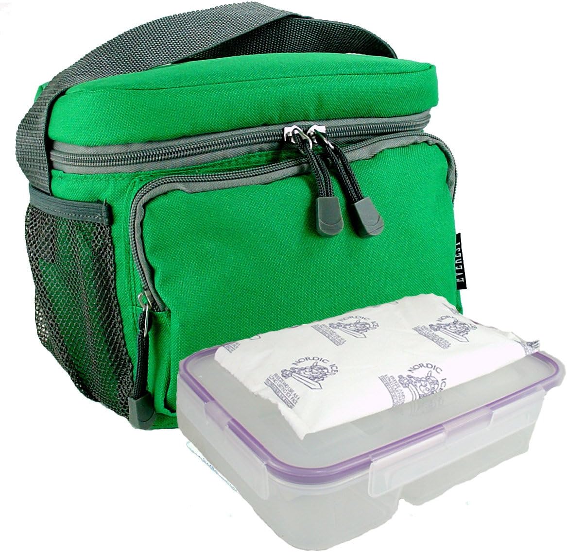 Everest Insulated Lunch Tote Cooler Bag with Snapware Leakproof, Easy-Open Bento Box, and Nordic Ice 8 oz Freezer Ice Pack. Reusable for Kids, Teens, and Adults. Bundle 3 Items (EMERALD GREEN)
