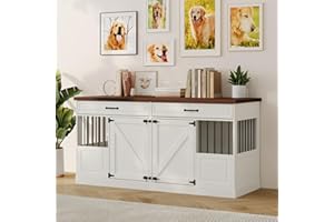 FACEKET Large Dog Crate Furniture - Wooden Indoor Dog Kennel Furniture for 2 Dogs with 2 Drawers and Removable Divider, Heavy Duty Dog Crate Table, ​63" L x 23.6" W x 31.5" H, White
