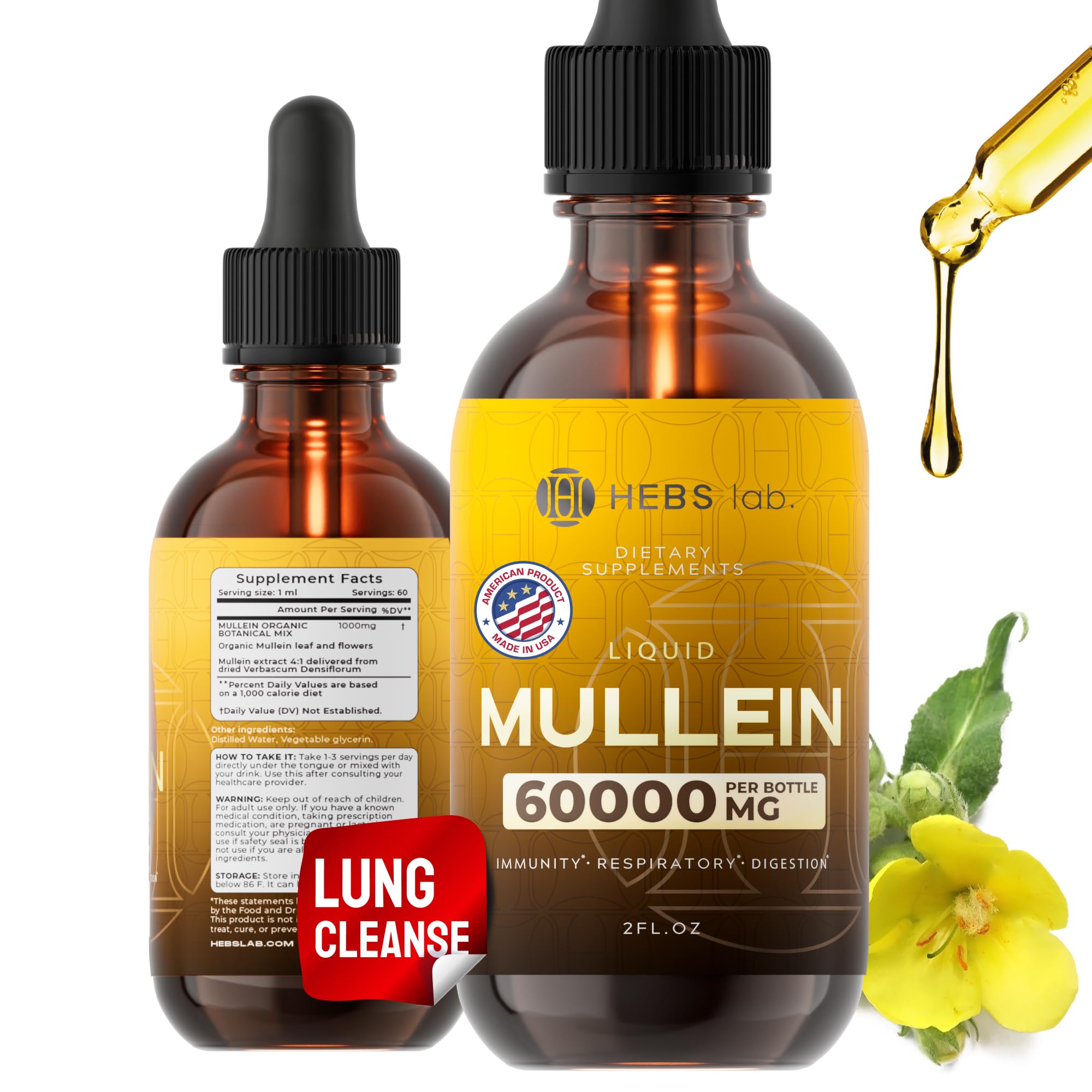 Mullein Leaf Extract for Lung Cleanse - Mullein Drops for Lung Health - Made in USA - Lung Support Supplement - Herbal Respiratory Support - Mullein Extract Tincture 2 Fl Oz