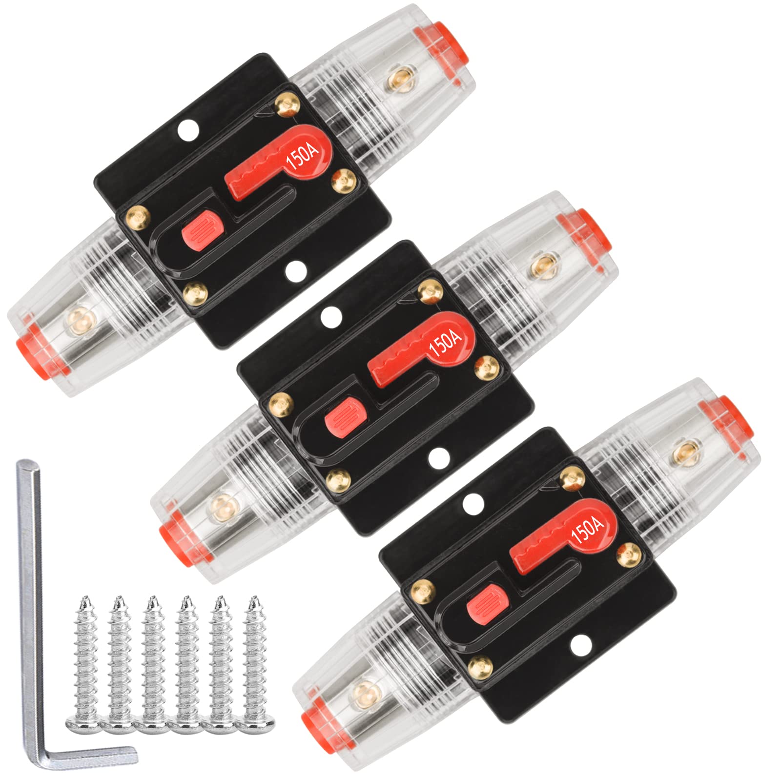Photo 1 of Hamolar 3 Pack 150A Audio Circuit Breaker Auto Car Stereo Inline Resettable Fuse Holder, Manual Reset 12V-48V DC for Automotive Marine Boat Audio System Protection