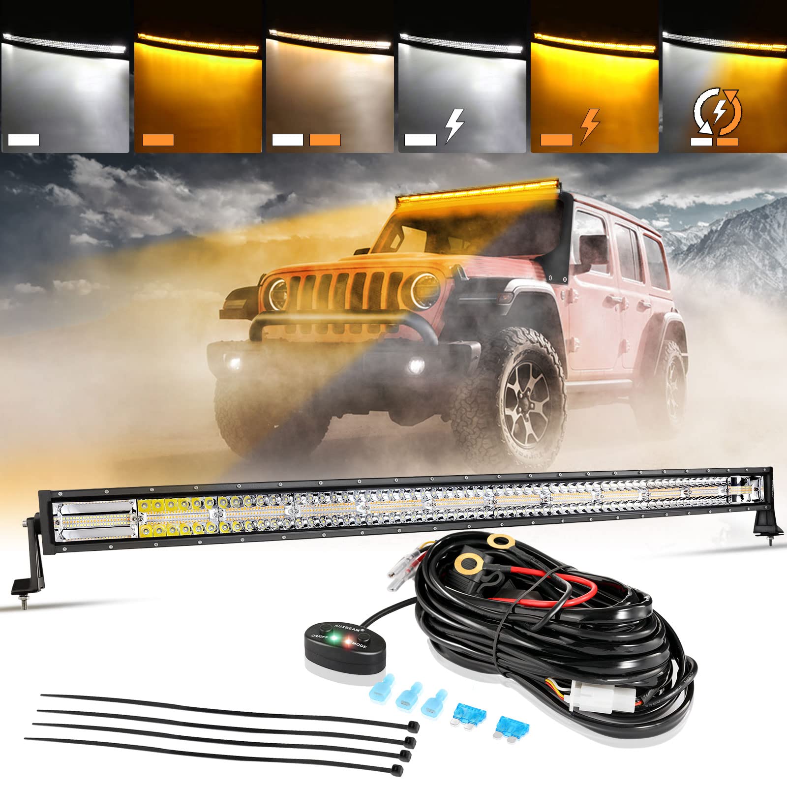 Photo 1 of Auxbeam 50 Inch Curved LED Light Bar, 288W 6 Modes Amber White Strobe Fog Lights, Yellow Spot Flood Memory Reset Function Offroad Driving Work Ditch Light for Truck Car ATV