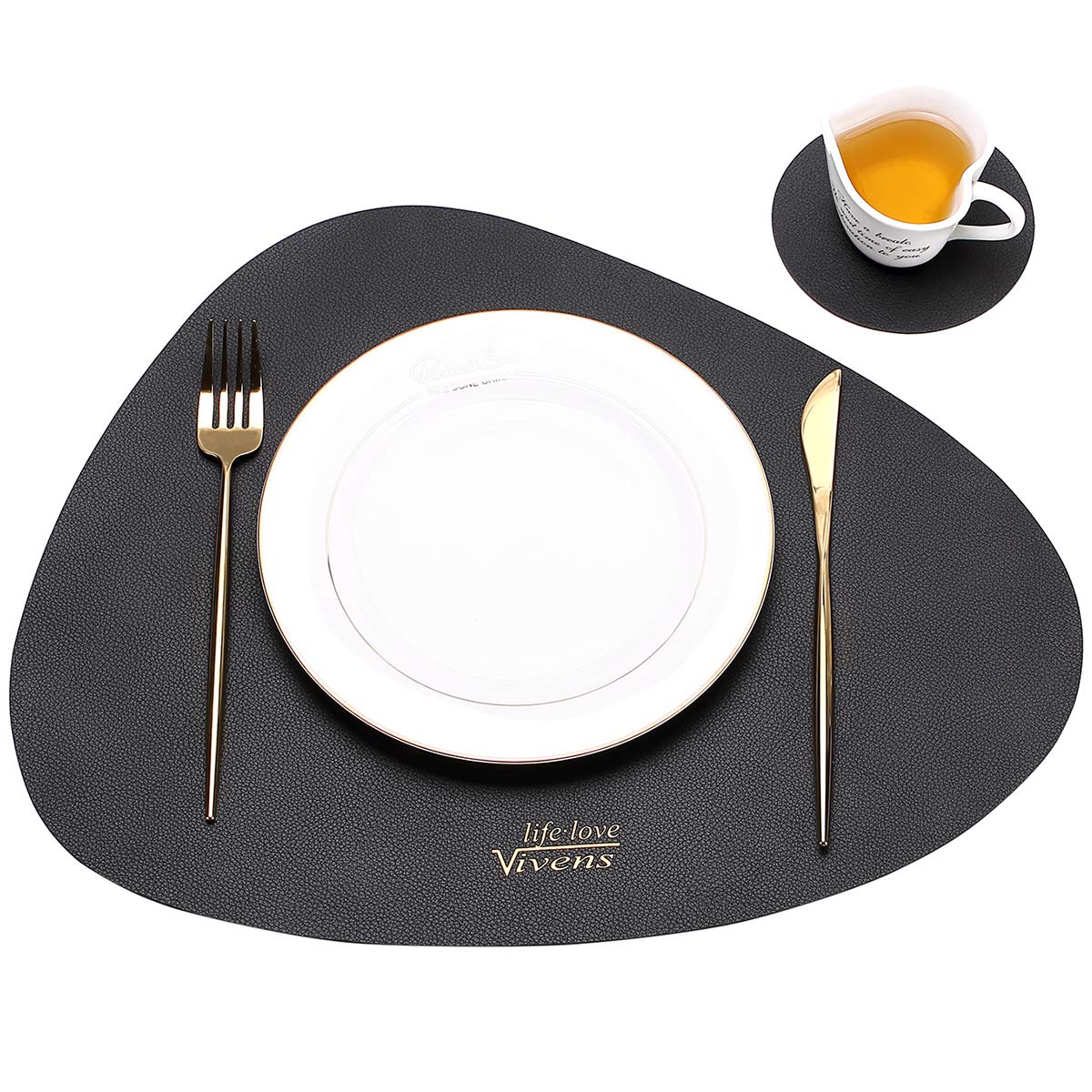 VIVENS Placemats & Coasters Set of 2, PU Leather, Heat Insulation, Stain Resistant, Non-Slip, Waterproof, Washable, Black (2 Placemats, 2 Coasters)
