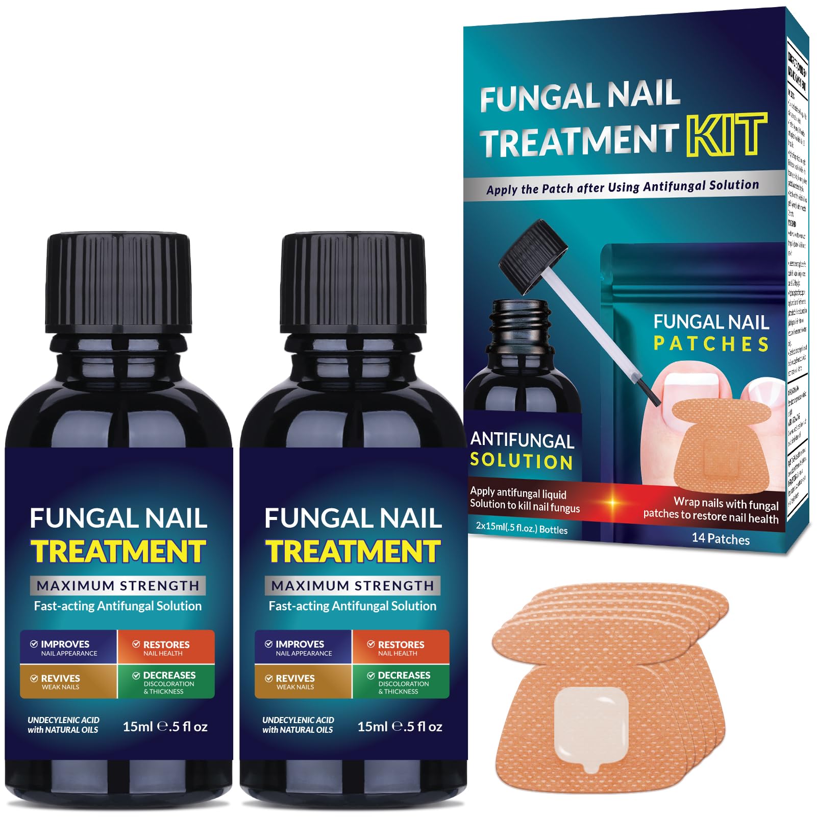 Toenail Fungus Treatment Extra Strength Kit: Nail Repair Liquid Solution and Patches - Nighttime Nail Patches Renewal - Fast Acting Drops with Undecylenic Acid, Natural Oil for Toe Finger Nails