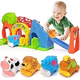 BAYSING Toys for Toddler 1, 2, 3 Year Old Boy and Girl, Zoo Animal Slide Playset with 4 Animal Cars, Open-Ended Interactive Toy for Cultivate Imagination, Gifts for 12-18+ Months Kids