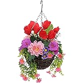 GnFlus Artificial Fake Hanging Flowers Plants Basket for Outdoor Spring Decor, Faux Silk Flower in Planter Look Real Faux Bougainvillea Flower Arrangement for Porch Home Patio Garden