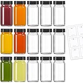 LANDNEOO 15 Pack 2 oz Glass Shot Mini Bottles w/Black Lids & 15 Labels - Small Clear Jar for Ginger, Wellness Shot, Juice, Sample, Whiskey - Travel Essentials - Wide Mouth, Leakproof, Dishwasher Safe