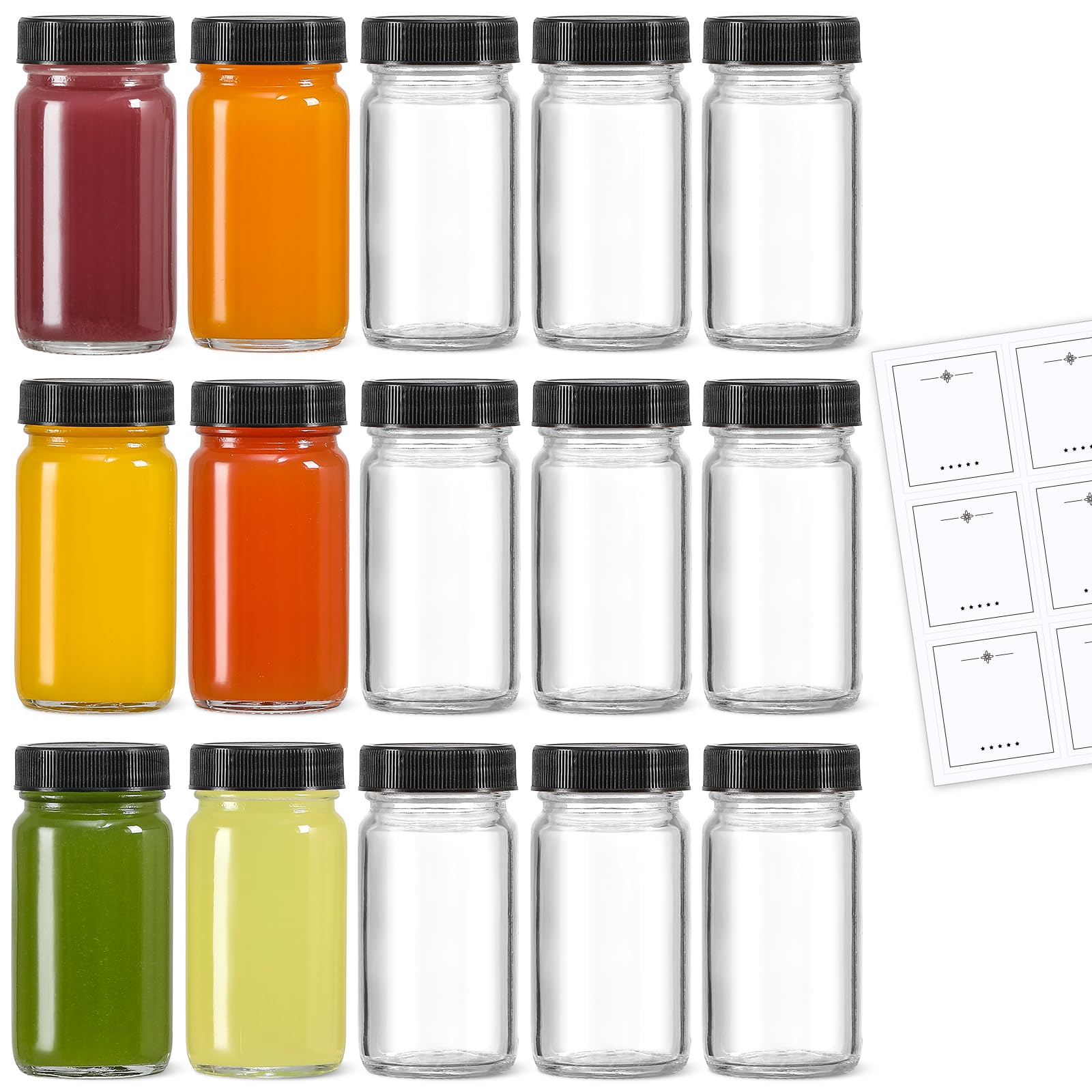 Photo 1 of 15 Pack 2 oz Glass Shot Mini Bottles w/ Black Lids & 15 Labels - Small Clear Jar for Ginger, Wellness Shot, Juice, Sample, Whiskey - Travel Essentials - Wide Mouth, Leakproof, Dishwasher Safe