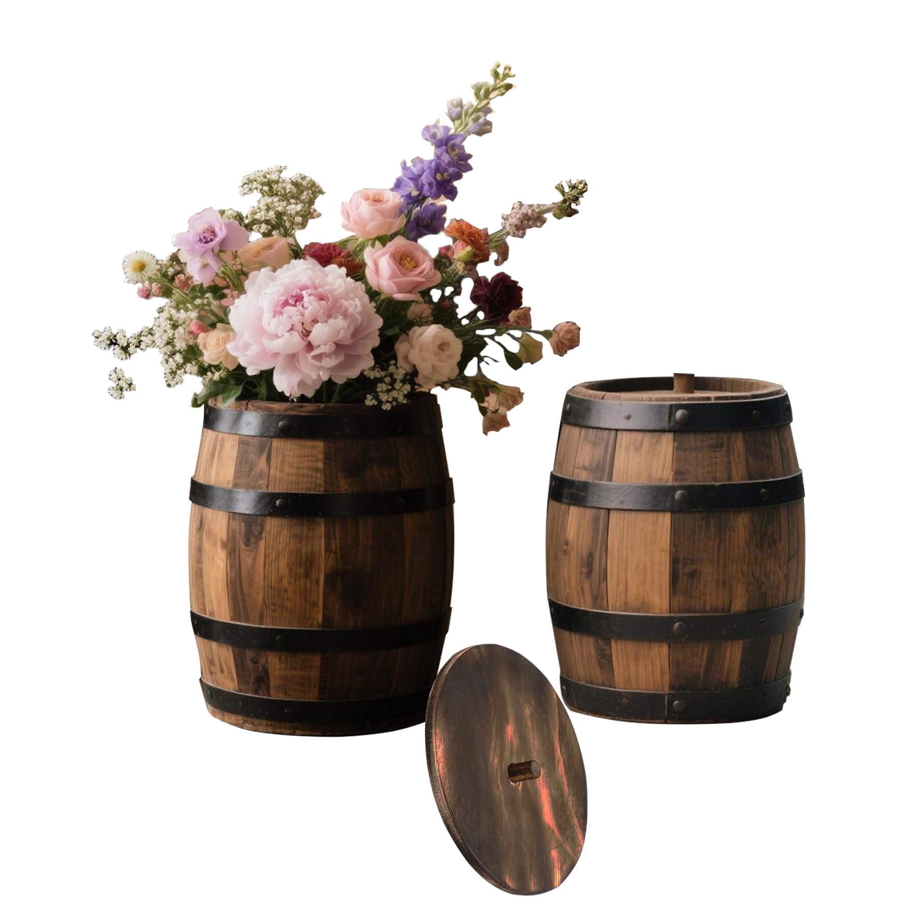 Photo 1 of 2 Pcs Wood Wine Barrel Vase 6" x 5" – Rustic Wooden Flower Vase Planter for Wedding Reception, Home Indoor Outdoor Garden, Kitchen, Party Table Decoration
