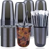50 Set Disposable Stemless Glasses with Lids and Straws 16oz Plastic Cups Iced Coffee Cup Cold Party Plastic Wine Glasses Classic Cup for Birthday Wedding Cocktail Halloween Christmas Party (Black)
