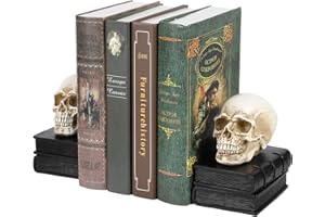 MyGift Vintage Bookends, Decorative Bookends for Heavy Books, Skull Halloween Decor, Book Ends Gothic, Novelty Resin Skeleton Human Head Statue, Book Supports, 1 Pair